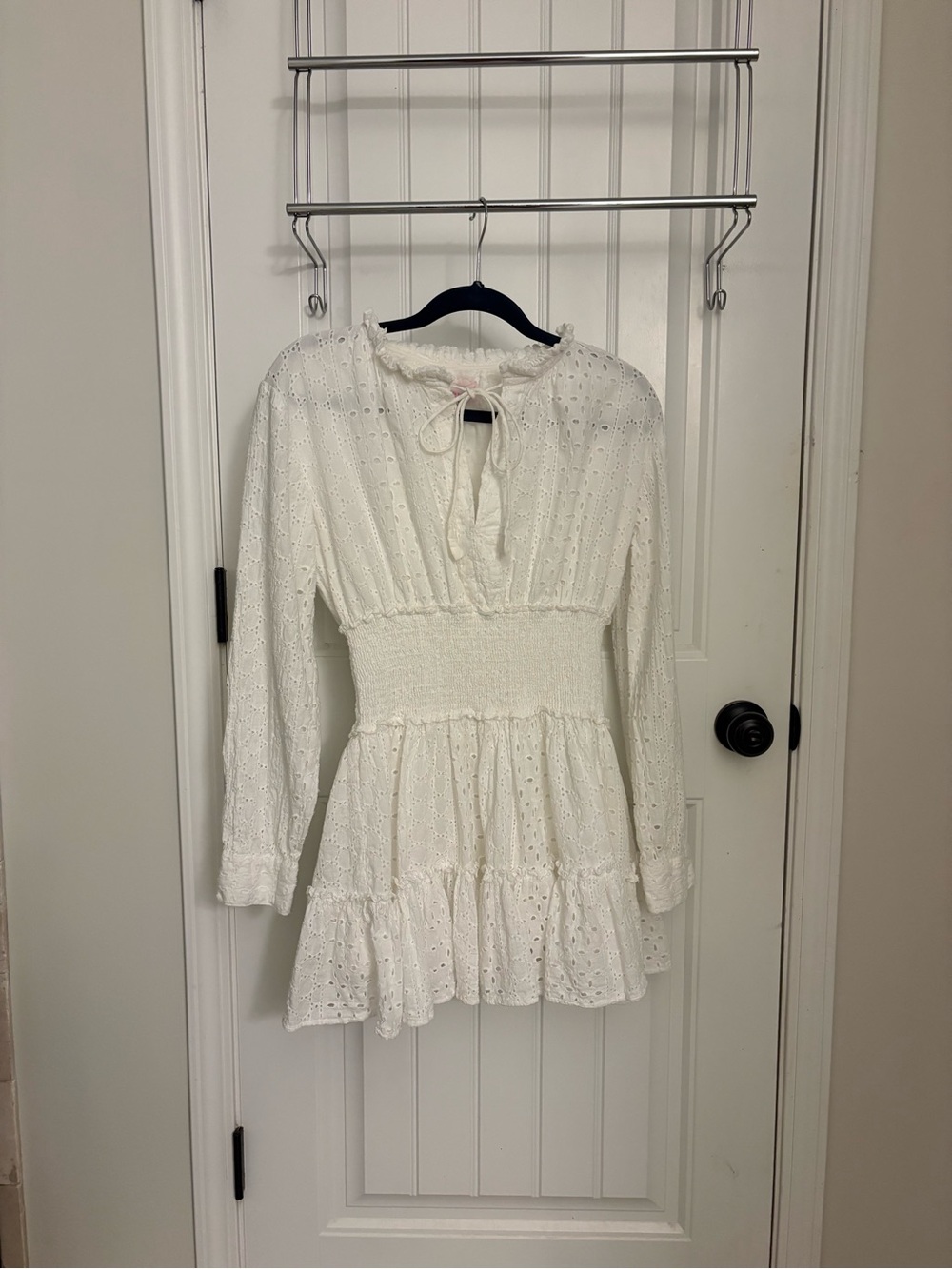 Mary Marshmallow XS Smocked Waist White Eyelet Mini Dress with Tie Neck